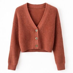 Babaton Rust Cropped Chunky Knit Cardigan Button Front Cozy Minimalist Sweater S